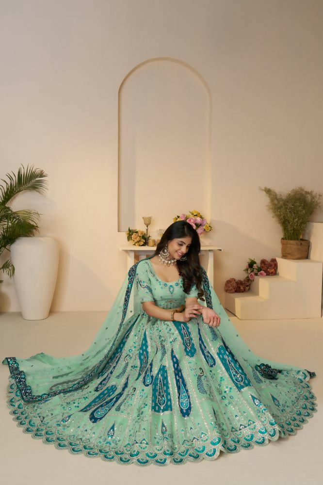 Kesar Fab Sky-Blue Banarasi Silk Embroidered Lehenga | Grocsy