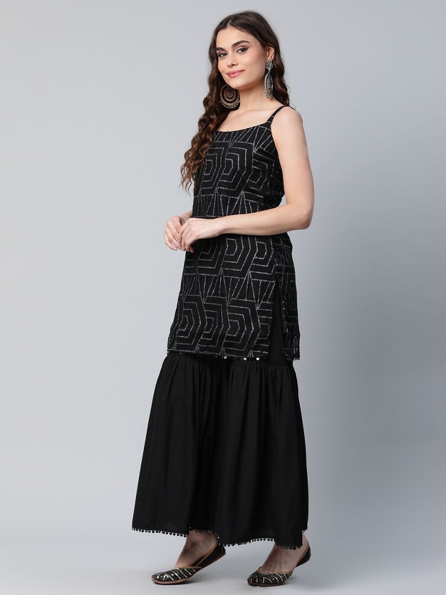 Ahalyaa Women Black Net Glitter Print Short Kurti With Sharara Dupatta Set | Grocsy
