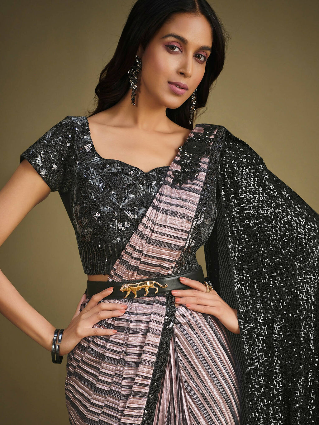 Lavendor Modern Value Sequence Embroidered Saree With Stitched Blouse - Mohmanthan La Belle | Grocsy