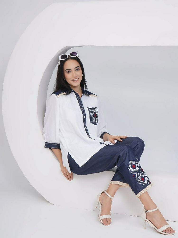 Joban Fashion White Rayon Crepe Hand-Embellished Shirt with Embellished Pants | Grocsy