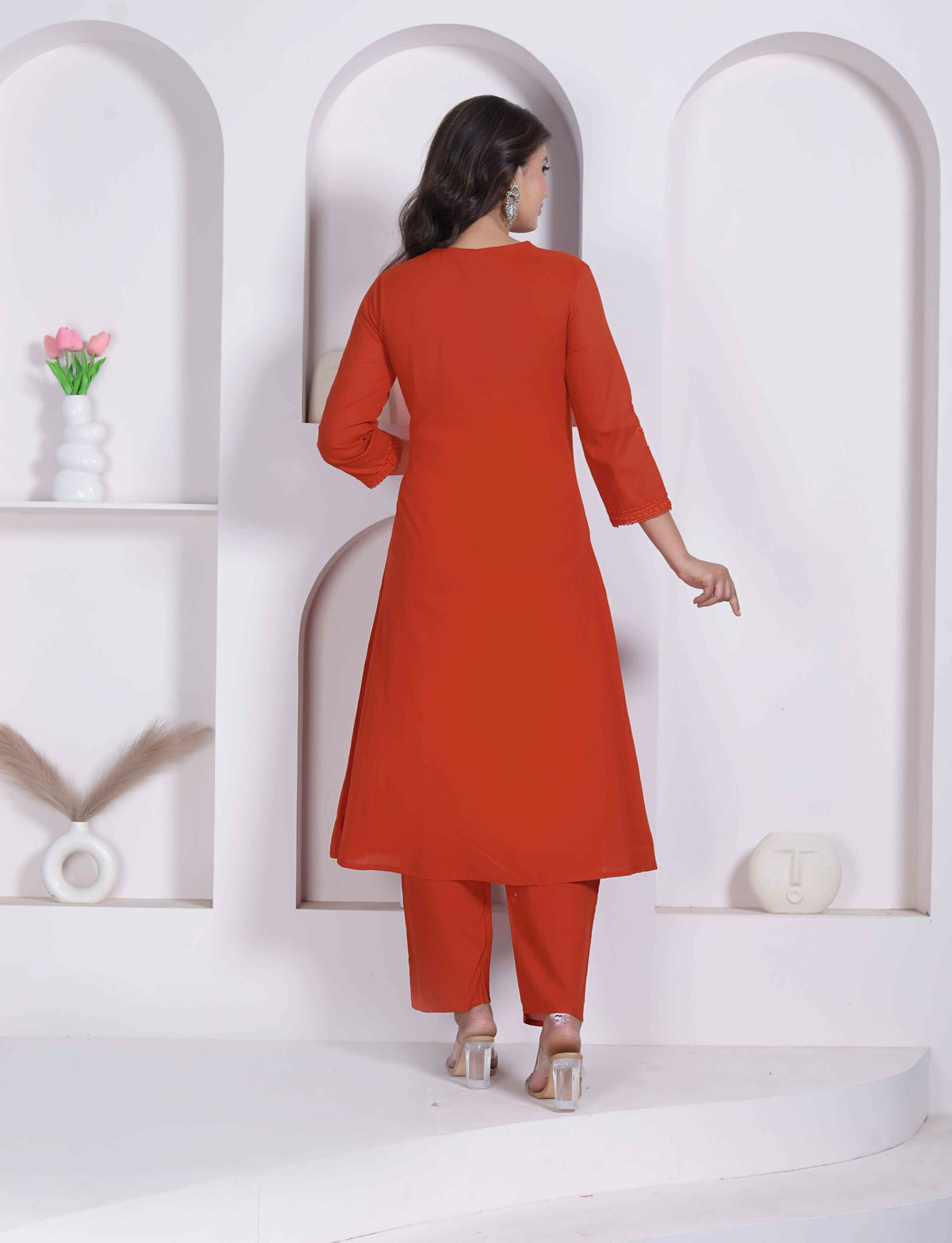 Miravan Womens Rust Floral Printed Angrakha Style Kurta With Palazzo | Grocsy