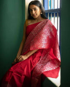 DEIANA'S Beautiful Designer Golden zari Soft Lichi Silk Saree - Red | Grocsy