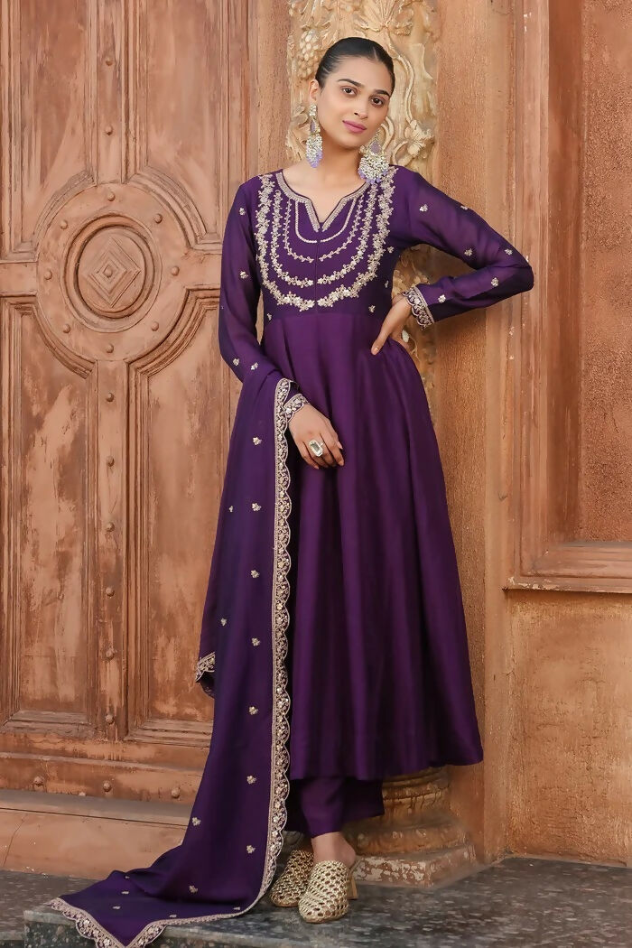 The52 Wine Women's Gorgeous Vichitra Silk Fabric Embroidered Work Flared Anarkali Pant and Dupatta Set | Grocsy