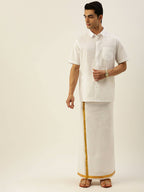 Ramraj Cotton Mens Pure Cotton 1 Inch Gold Jari Dhoti - Cream | Grocsy