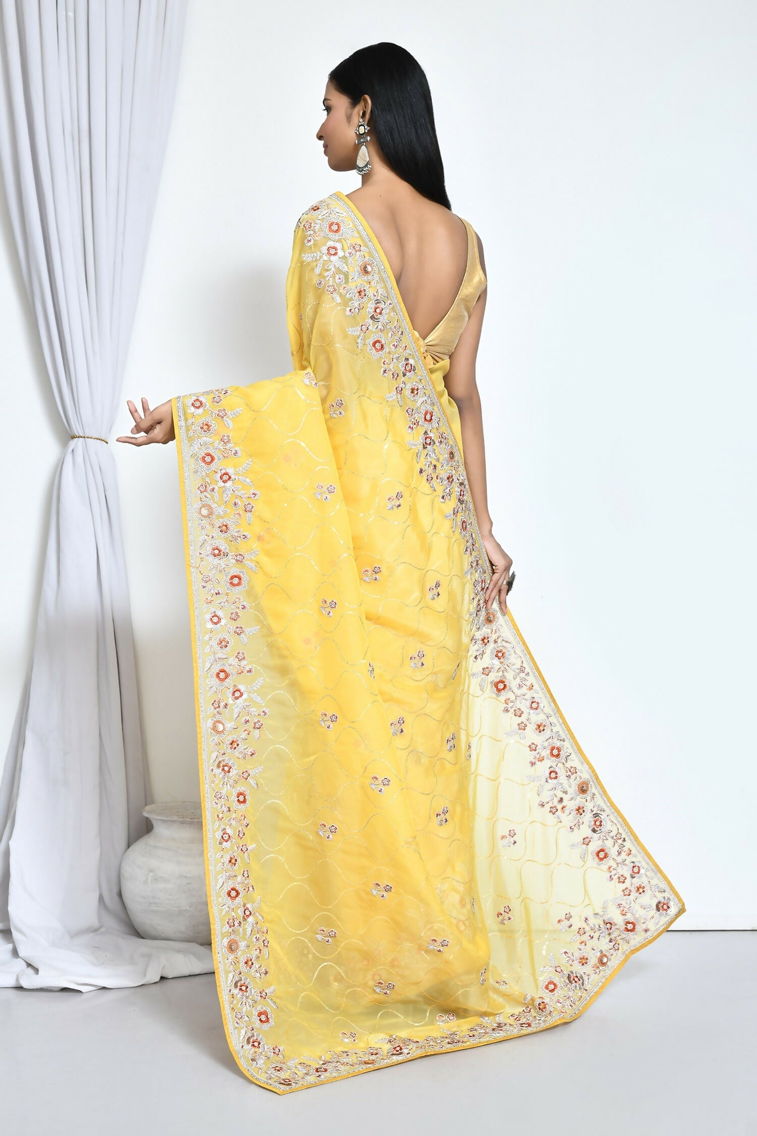 Yellow Organza Satin Silk Sequence Embroidered with Stone work Saree - Nimaya Benzy | Grocsy