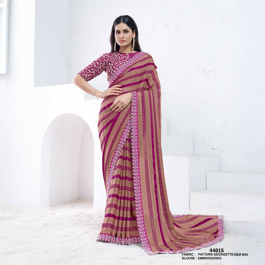 Brown & Purple Pattern Georgette Moti With Hand Work Saree With Unstitched Blouse - Norita Swaraa | Grocsy