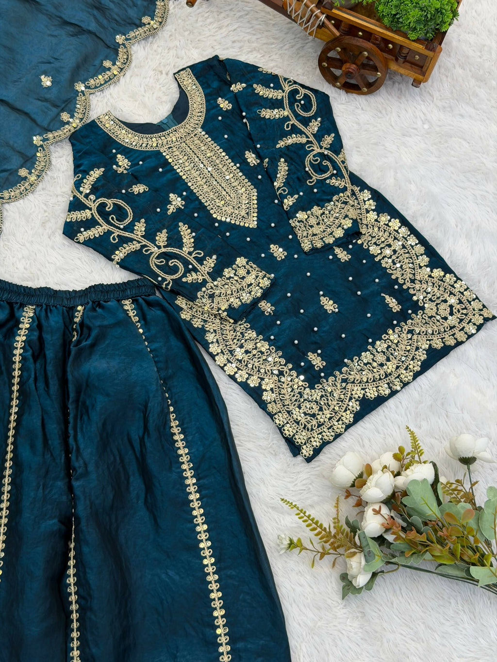 Teeya Creation New Trendy Fully Stitched Ready to Wear Kids Kurta Palazzo Set-Turquoise | Grocsy