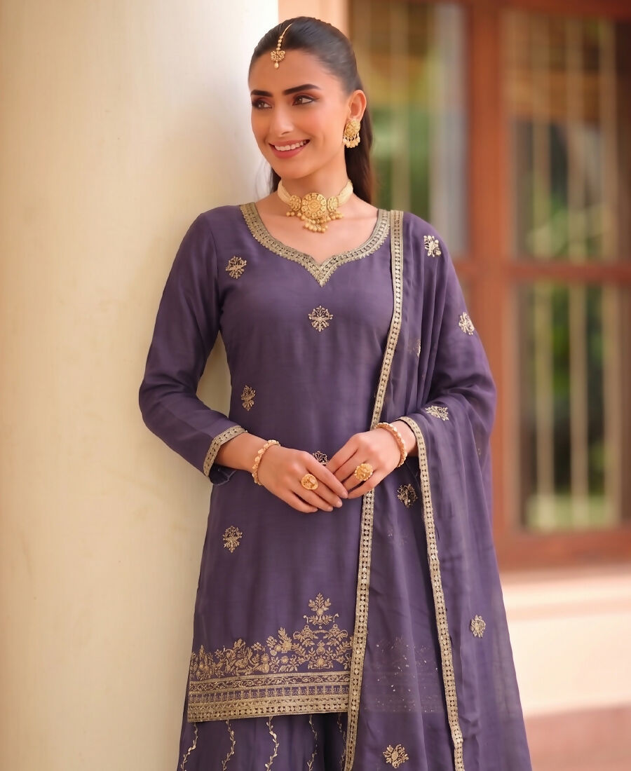 KC Lilac Ethnic Wear Ready Made Chinon Suit For Women | Grocsy