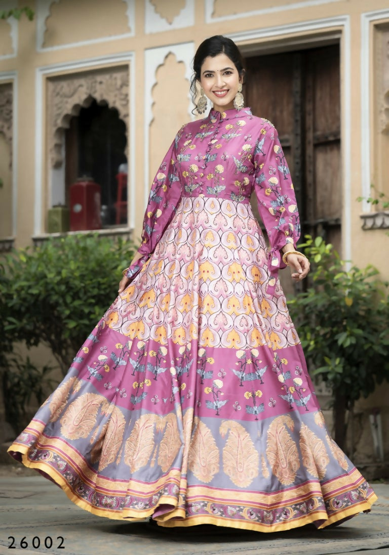 Wedding Designer Purple Soft Dola Silk Anarkali suit with Dupatta - Samanta | Grocsy