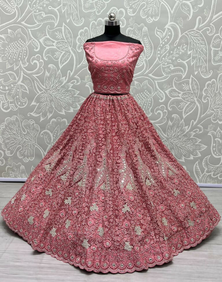 Jyoti Fashion Women's Pink Bridal Net Fancy Dori, Multi Thread, Hand Mirror and Diamond Work Wedding Lehenga Choli | Grocsy