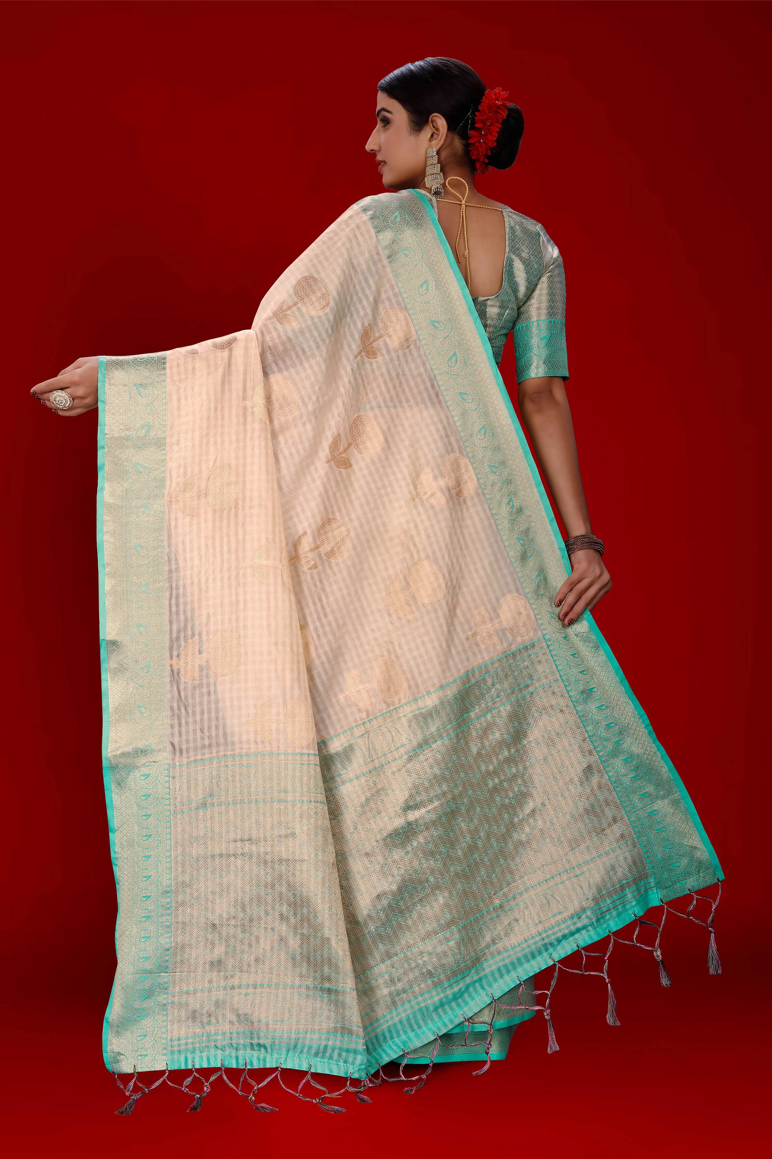 Peach Soft Organza Woven Design Saree With Unstitched Blouse Piece - Zaara | Grocsy