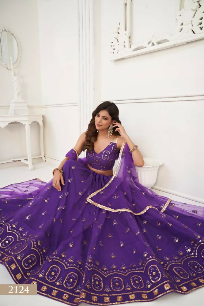 Aastha Fashion Purple Butterfly Net Tone To Tone Thread Work And Sandwich Sequence Work Embroidery Wedding Wear Lehenga Choli | Grocsy