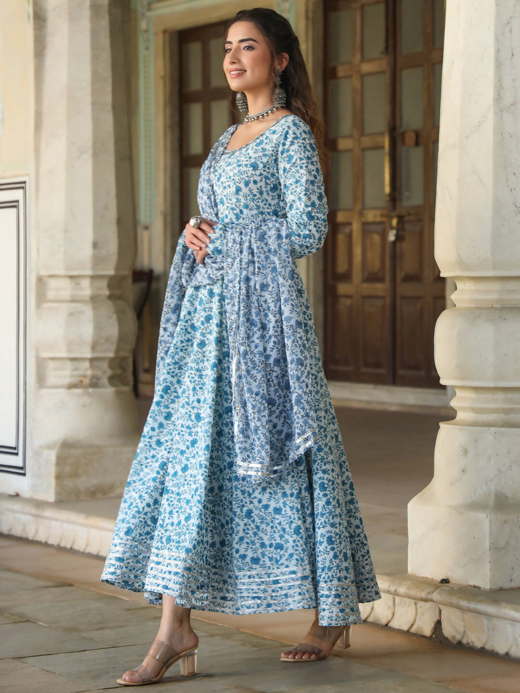 Juniper Women's Blue Cambric Floral Printed Circular Kurta Dupatta Sets | Grocsy