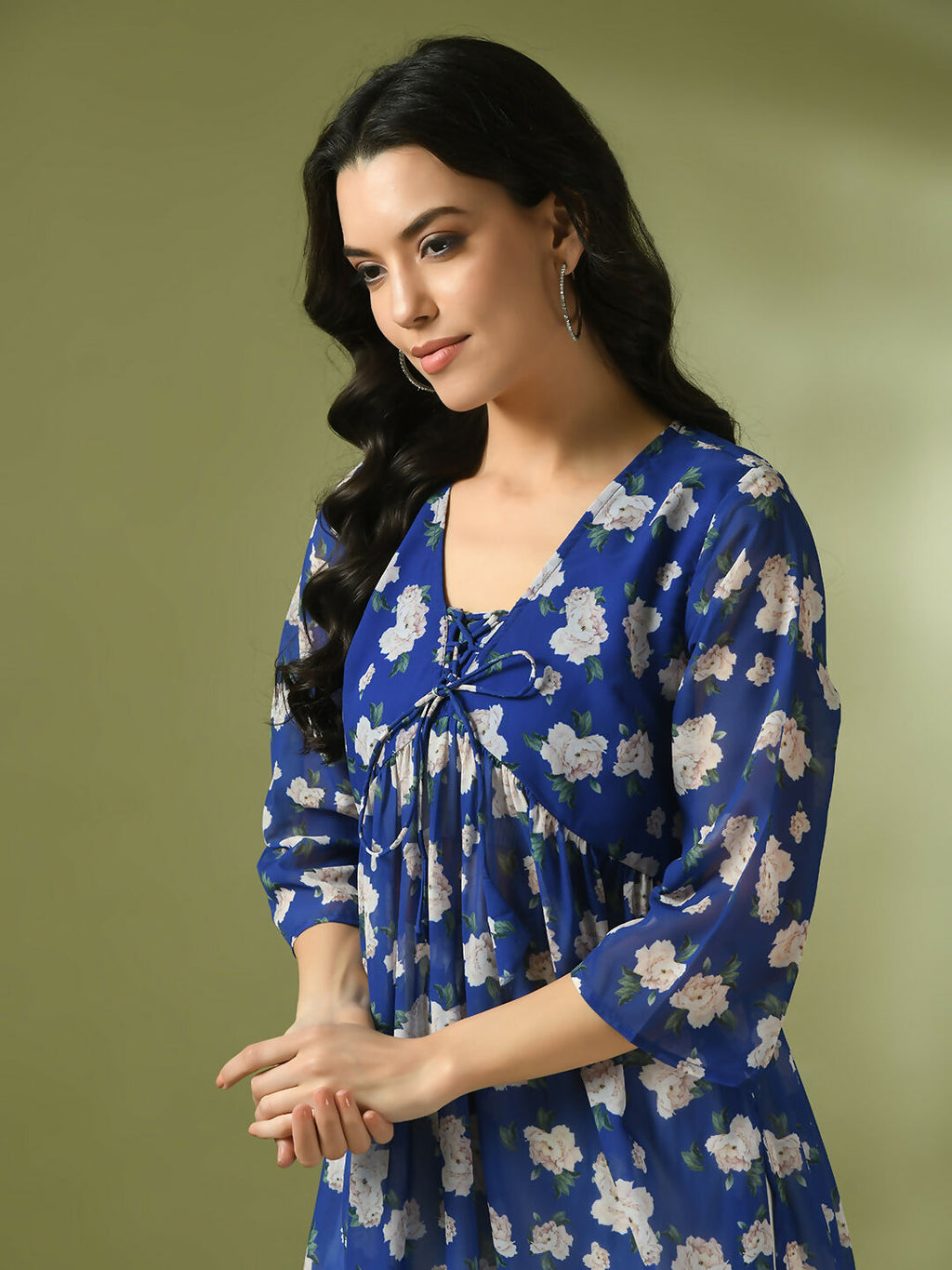 Myshka Women's Blue Printed Georgette A-Line Nyra-cut Kurta | Grocsy