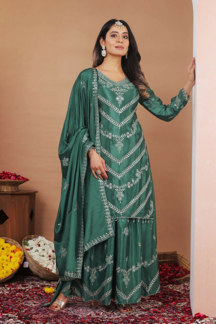 Teeya Creation Green Color Chinon Silk Wedding Wear Trending Palazzo Set | Grocsy