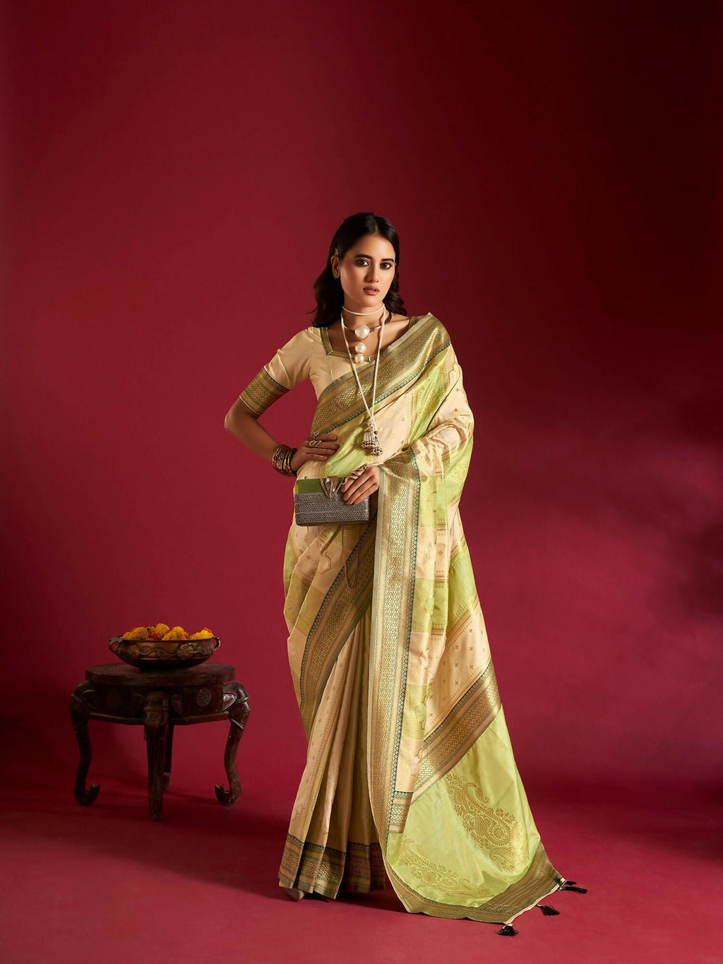 Joban Fashion Cream & Parrot Green Plain With Weaving Border Banarasi Silk Sarees | Grocsy