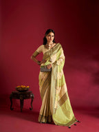 Joban Fashion Cream & Parrot Green Plain With Weaving Border Banarasi Silk Sarees | Grocsy