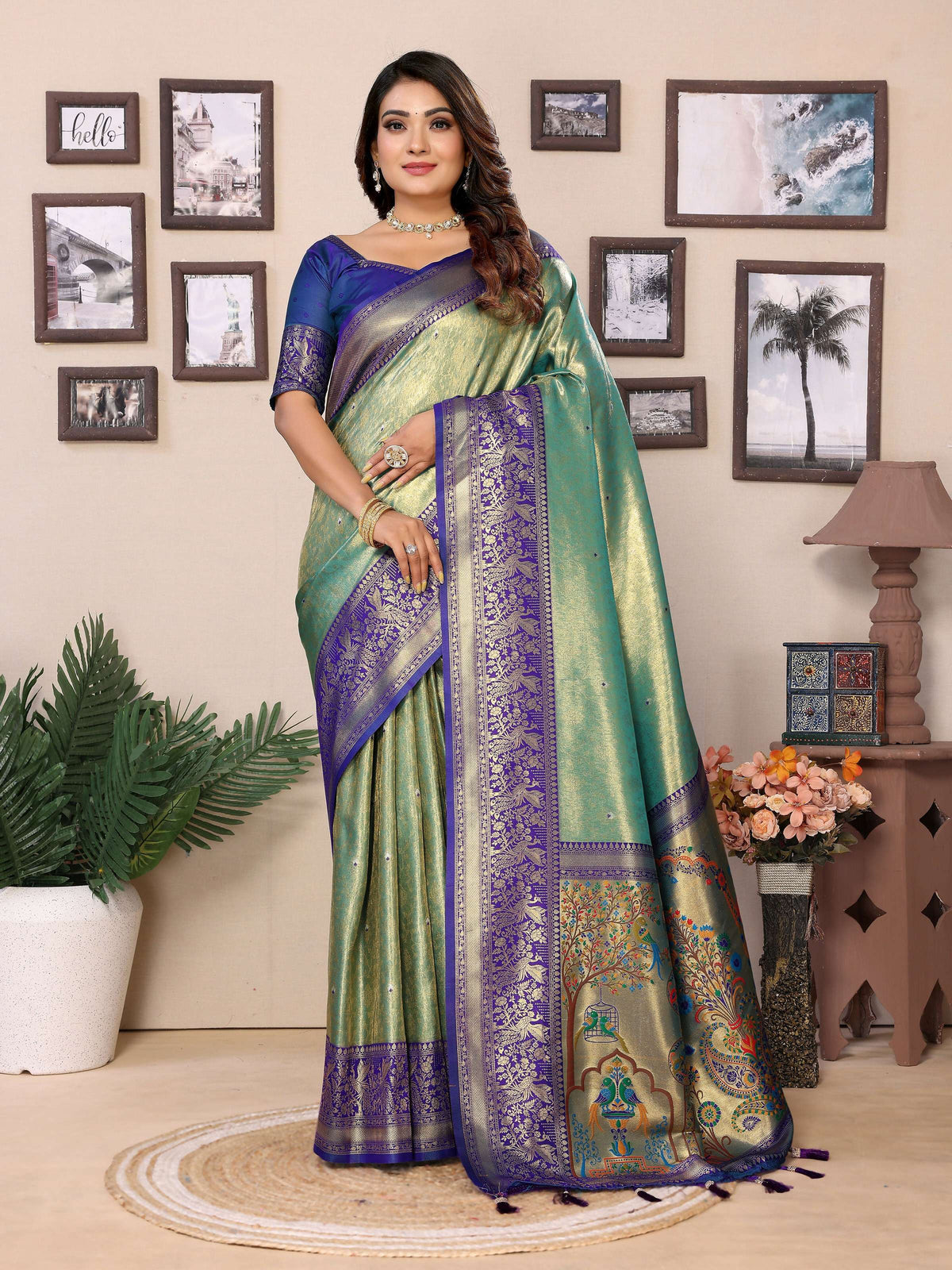 Aastha Fashion Green Tissue Silk Weaving Saree | Grocsy