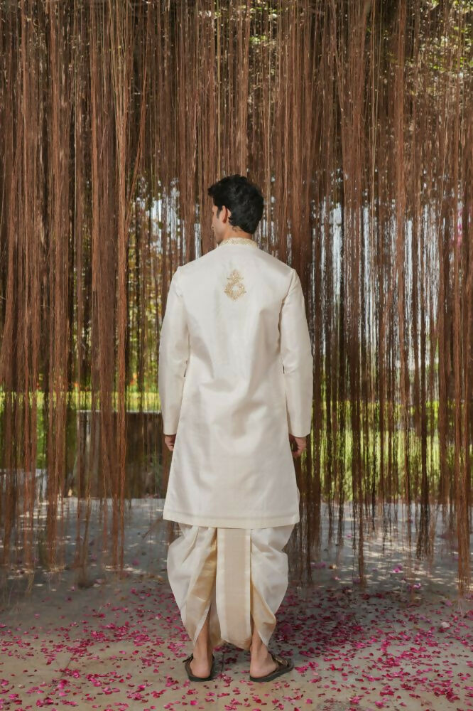 White Kanjivaram Hand Embroidered Pattu Set by Hilo Design | Grocsy