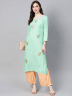 Yufta Women Sea Green & Peach Embroidered Kurta with Palazzo | Grocsy