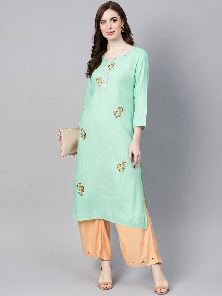 Yufta Women Sea Green & Peach Embroidered Kurta with Palazzo | Grocsy