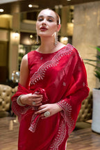 Vastranavya Red Embroidery Work Shimmer Chiffon Saree with Unstitched Blouse | Grocsy