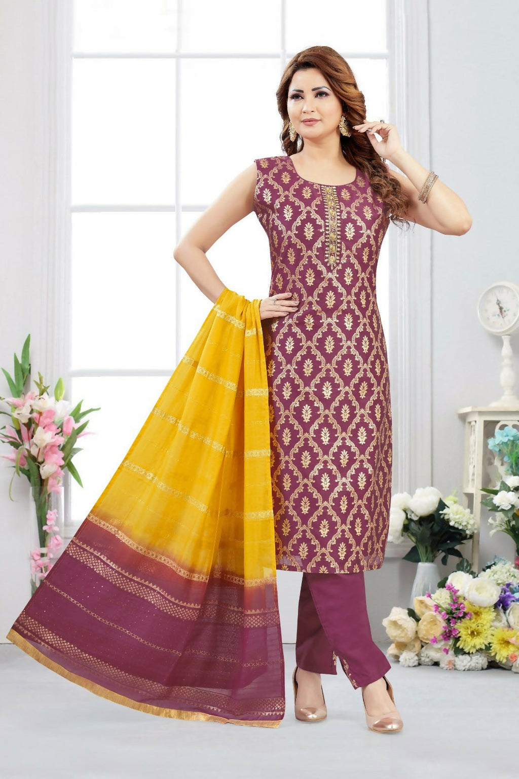 Joban Fashion Jacquard Wine Color Kurta Set | Grocsy