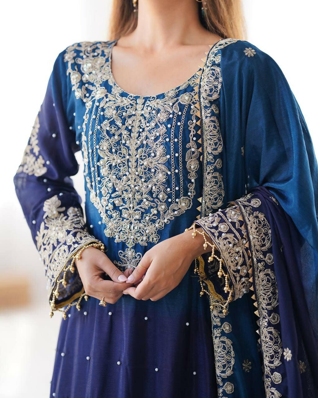 The52 Women's Beautiful Chinon silk Fabric Embroidery Work Straight Kurta Palazzo and Dupatta Set | Grocsy