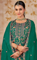 Anaita Emerald Green Vichitra Silk Readymade Palazzo Suit with Embroidery & Lace Work | Grocsy