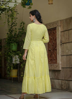 Kaajh Women's Yellow Mirror Embroidered Cotton Dress | Grocsy