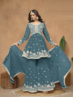 Anaita Teal Embroidered Faux Georgette Sharara Suit | Grocsy