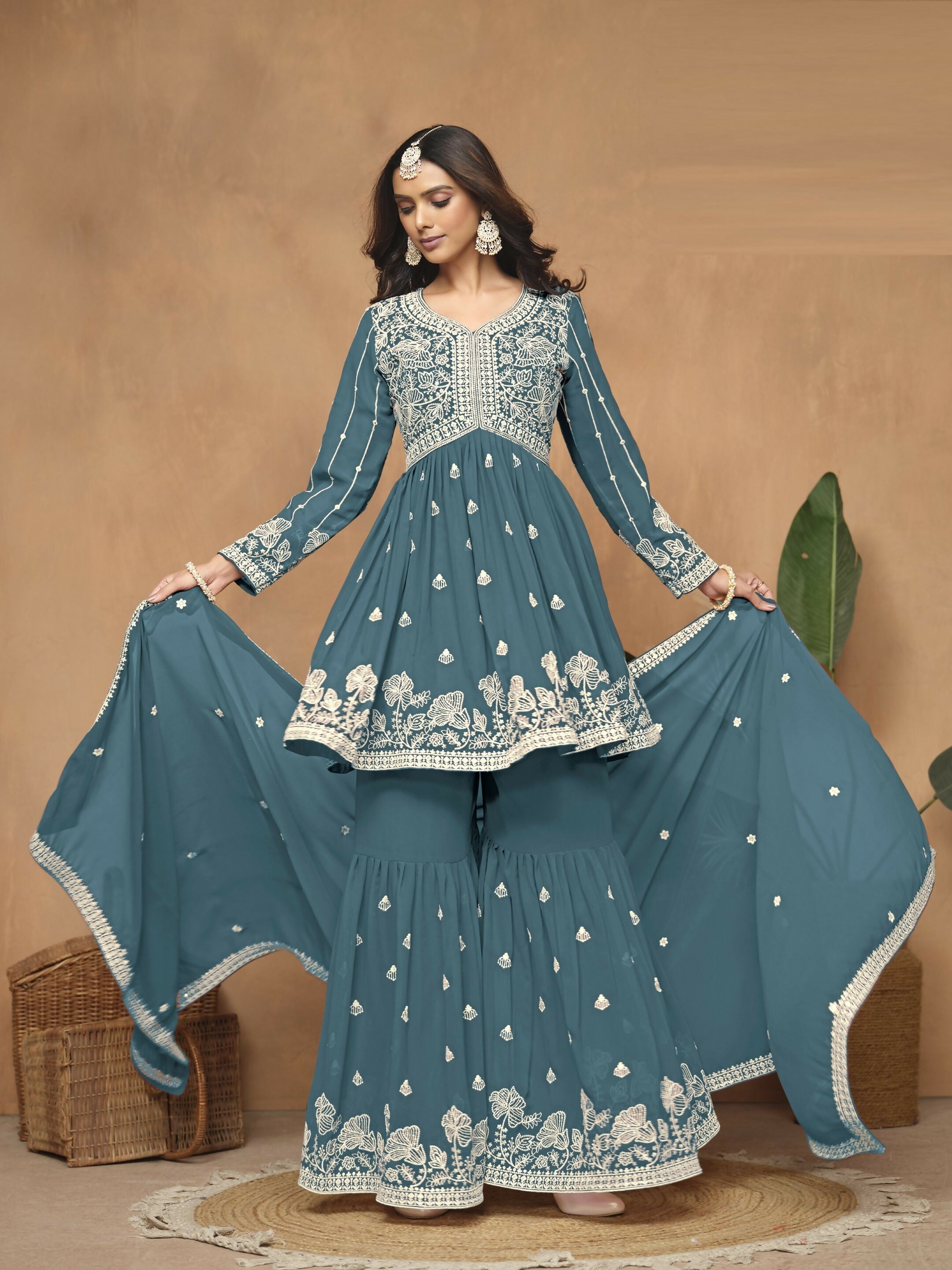 Anaita Teal Embroidered Faux Georgette Sharara Suit | Grocsy