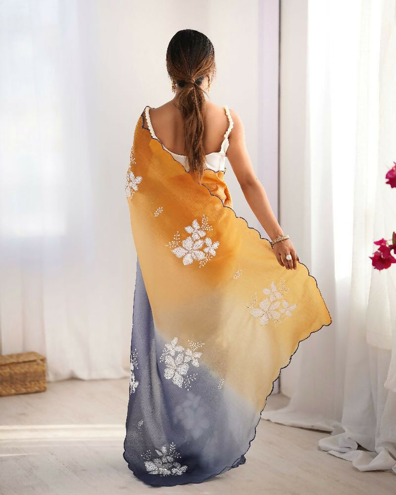 Orange and Grey Crunchy Crush Pedding Color Embroidery Work Party Wear Saree - Zuleika | Grocsy