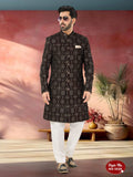 Joban Fashion Men's Marron Base Straight Velvet Thread And Sequence Embroidary All Over Indo-Western Kurta Set | Grocsy