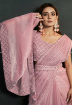 Light Pink Silk Crepe Satin Cord Sequence & Thread Embroidered & Stone Work Saree - Moh-Manthan Royal Enigma | Grocsy