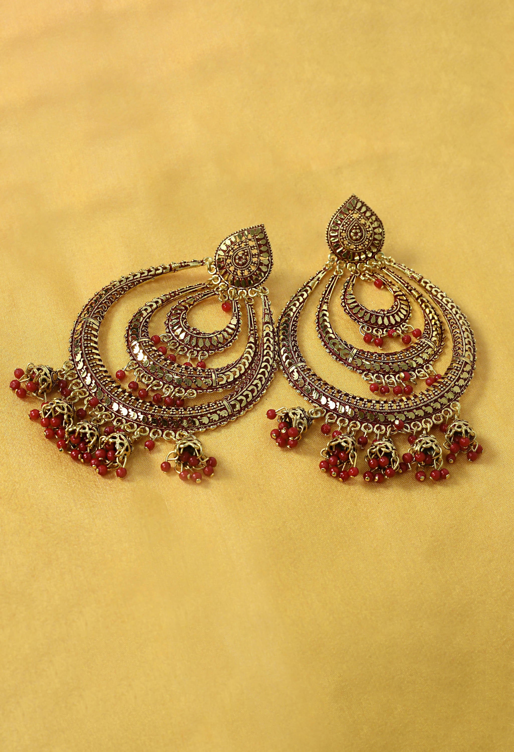 Mominos Fashion Johar Kamal Triple Circle White With Red Big Size Earrings | Grocsy