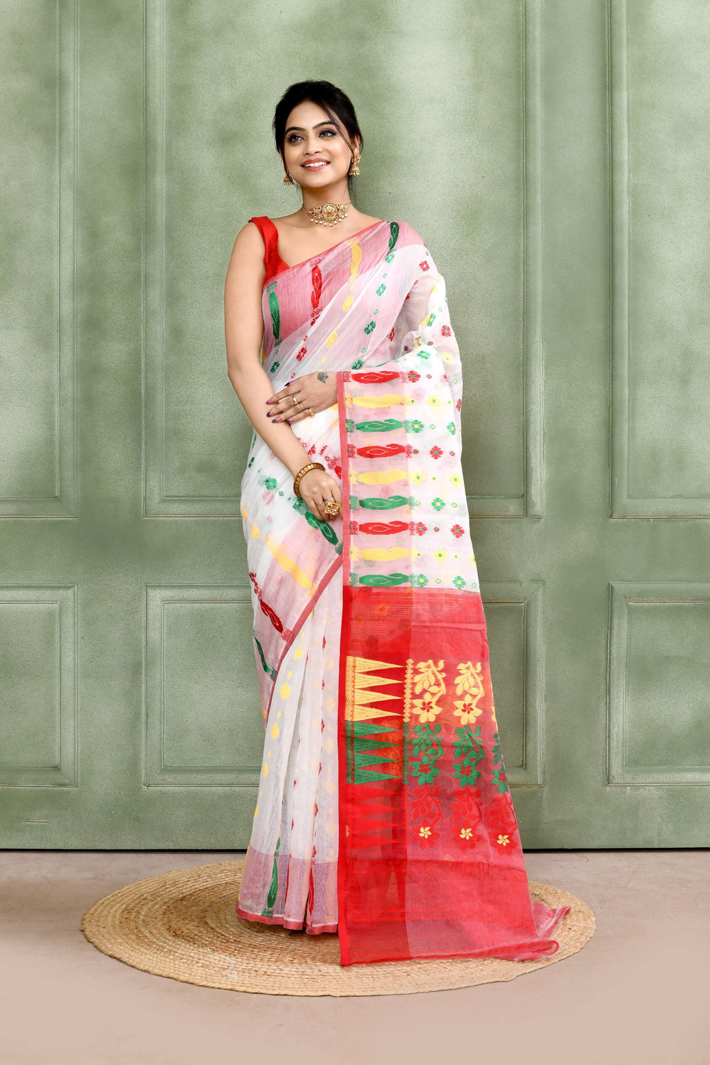 Piyari Fashion Women's White Embellished Cotton Blend Jamdani Saree | Grocsy