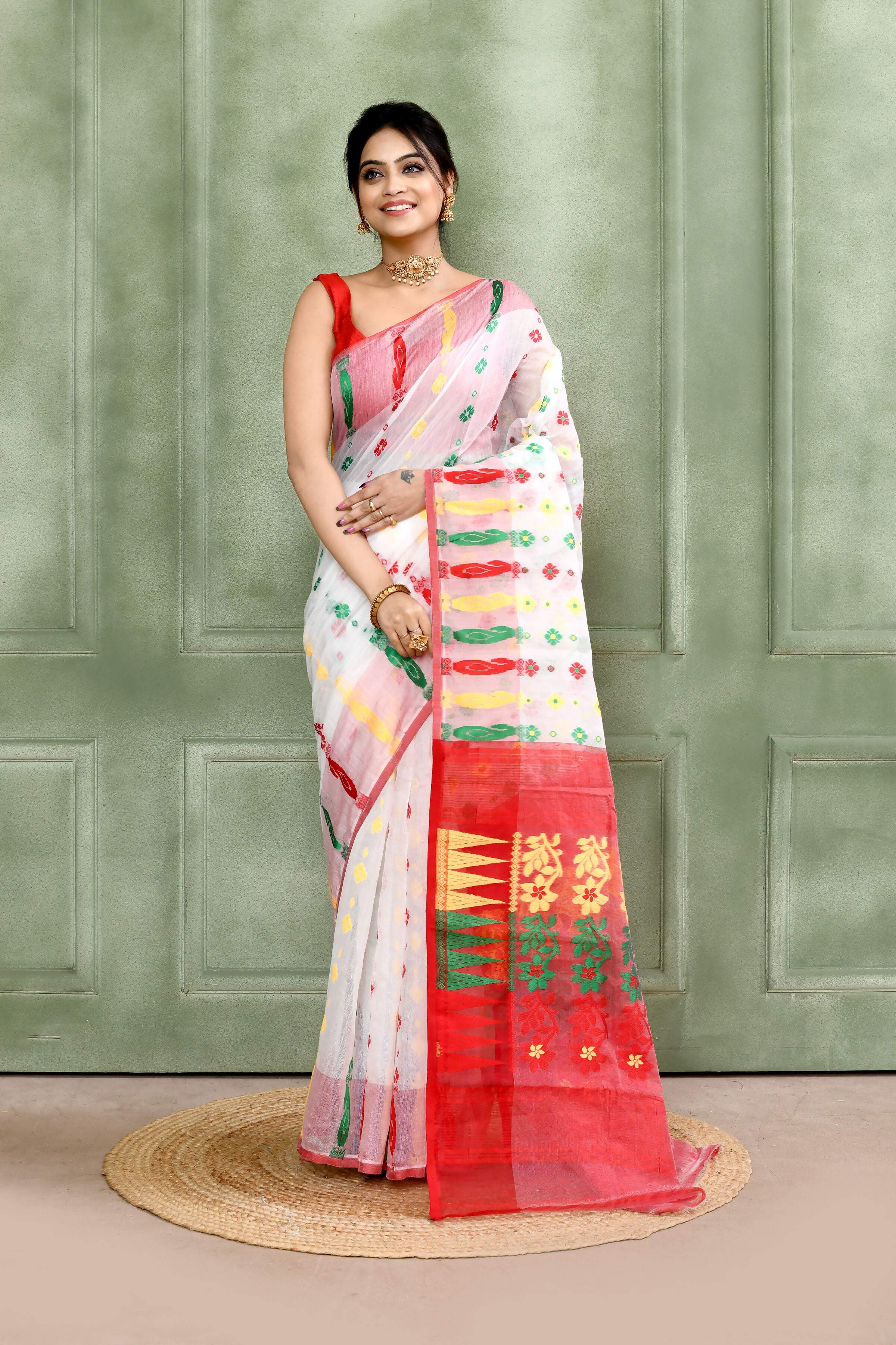 Piyari Fashion Women's White Embellished Cotton Blend Jamdani Saree | Grocsy