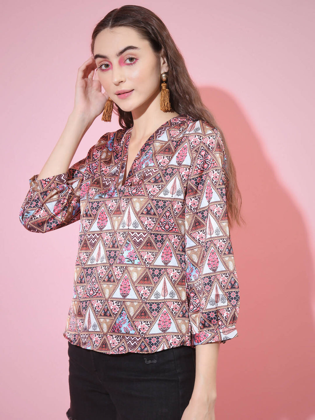 Myshka Women's Multi Printed V-Neck Top | Grocsy