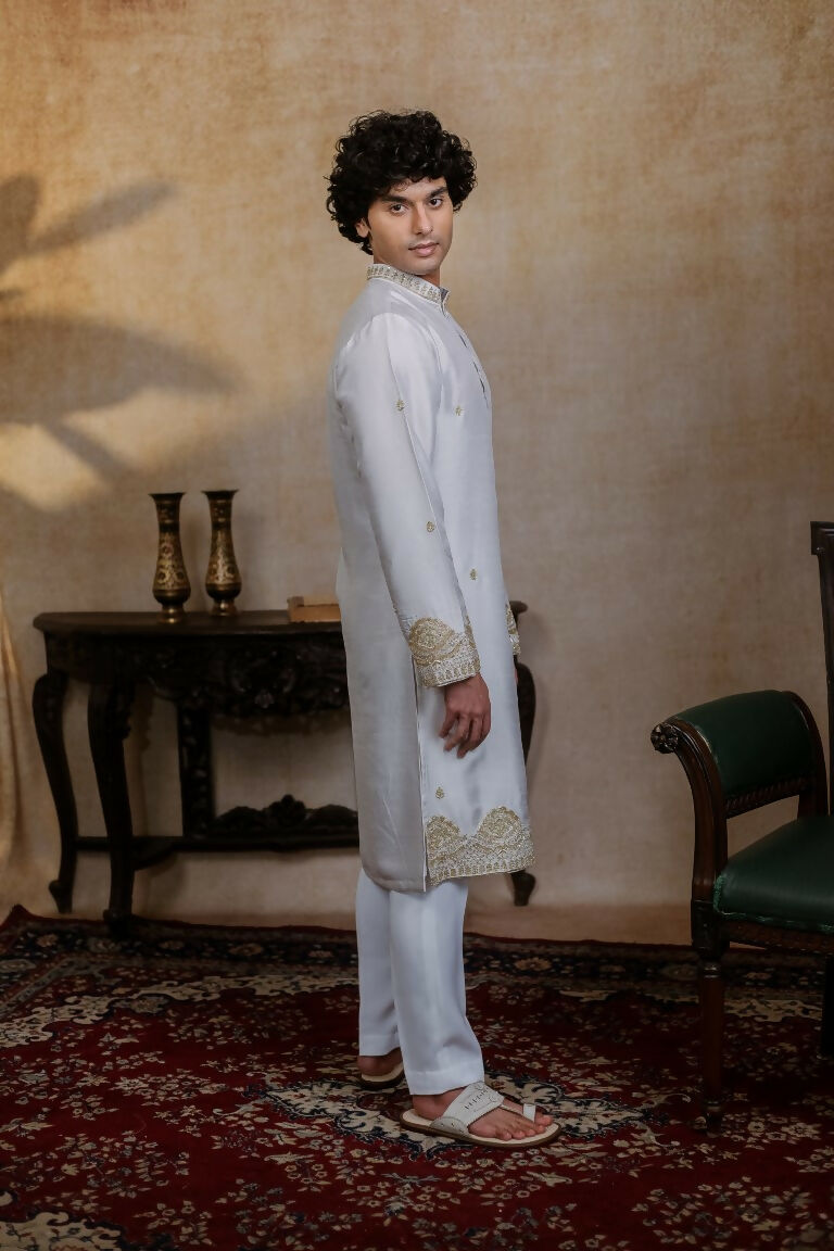 Falling Raw Silk White Mandala Kurta Set By Hilo Design | Grocsy