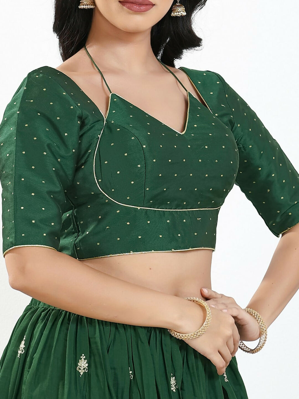 Joban Fashion Bottle Green Brocade Padded Blouse With Sweetheart Neck Elbow Sleeves | Grocsy