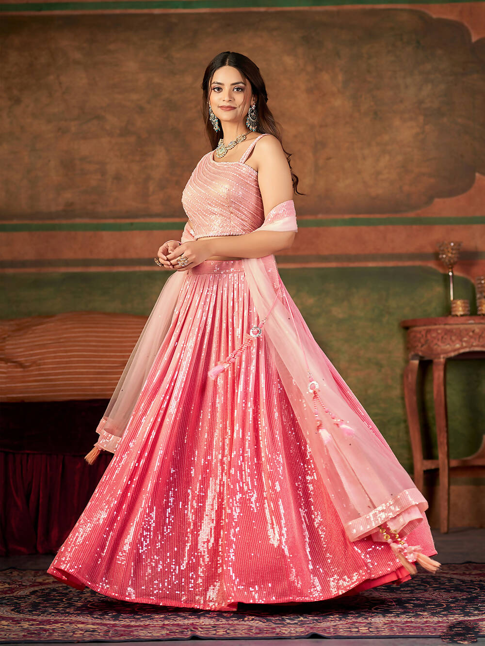 Wedding Designer Pink Nylon Georgette Readymade Lehenga Choli - Anbazaar | Grocsy