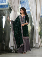 Juniper Women's Green Floral Printed Georgette Kurta Sharara & Dupatta Set With Sequins | Grocsy