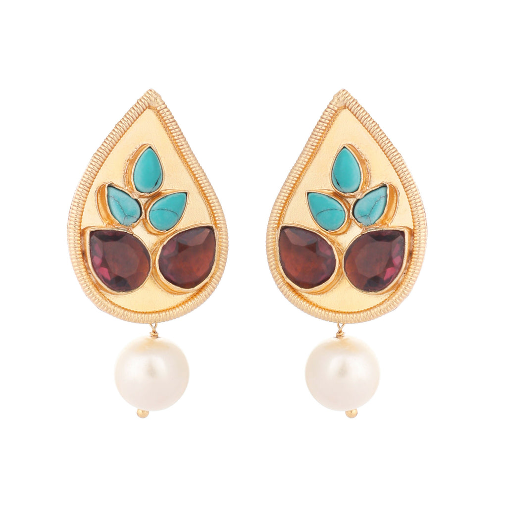 Nuyug 22K Gold Plated Faux Turquoise Stone Studded Contemporary Petal Shaped Pearl Drop Stud Earrings | Grocsy