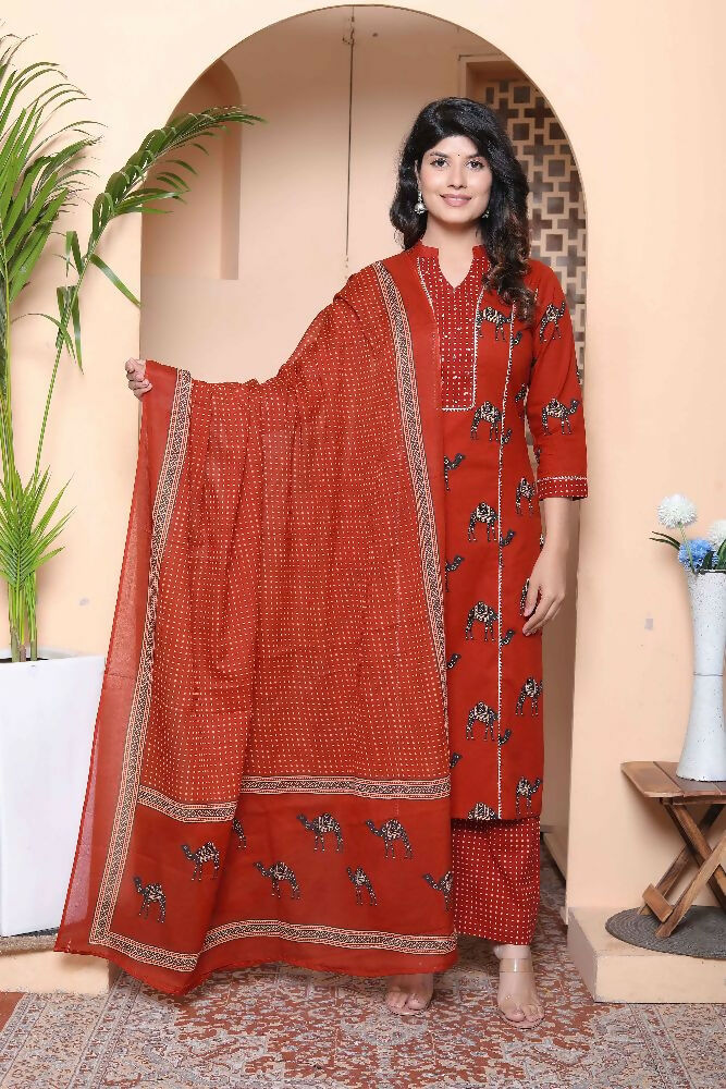 Miravan Womens Pure Cotton Animal Printed Straight Kurta With Palazzo & Dupatta Set | Grocsy