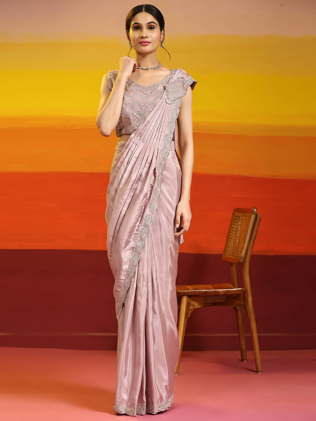 Lavendar Silk Satin Plain Ready to wear Saree with stitched Blouse - Vrinda | Grocsy