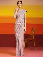 Lavendar Silk Satin Plain Ready to wear Saree with stitched Blouse - Vrinda | Grocsy