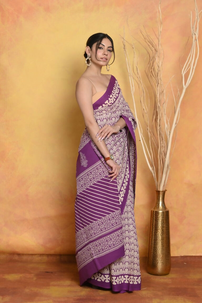 Very Much Indian Handblock Printed Cotton Saree With Natural Dyes - White | Grocsy