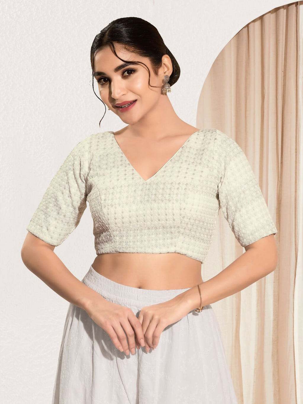 Joban Fashion Off White Crochet Padded Blouse With V Neck Elbow Sleeves | Grocsy