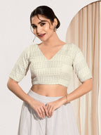 Joban Fashion Off White Crochet Padded Blouse With V Neck Elbow Sleeves | Grocsy